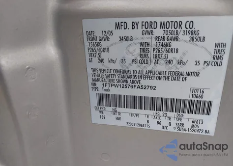 2006 Ford F-150 Lariat/Xlt z USA, uszkodzony, nr VIN 1FTPW12576FA52792